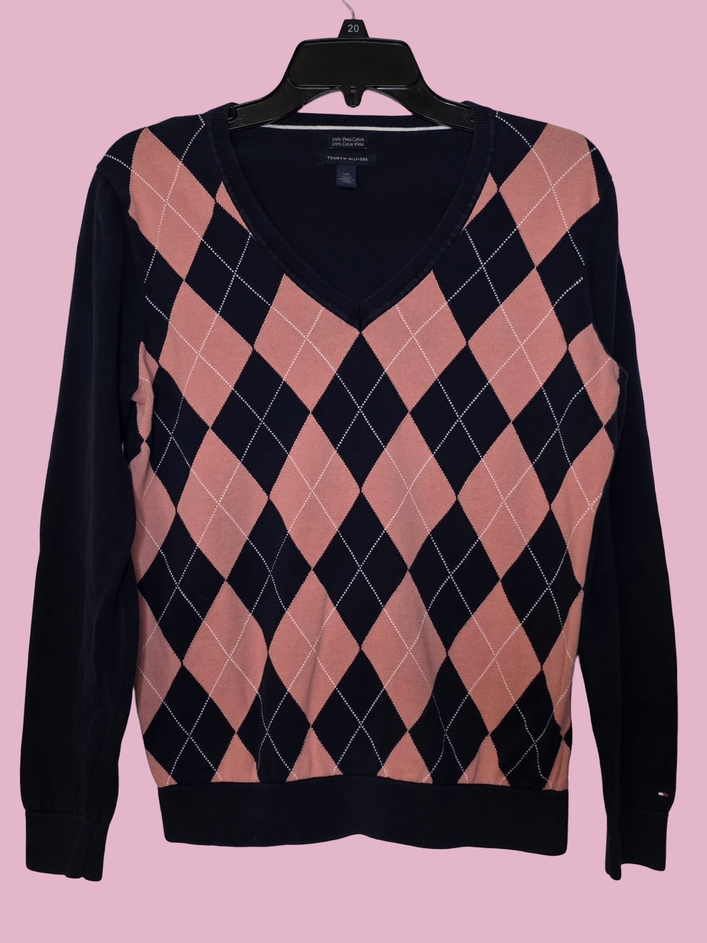Tommy Hilfiger Pima Cotton Navy & Pink Argyle V Neck